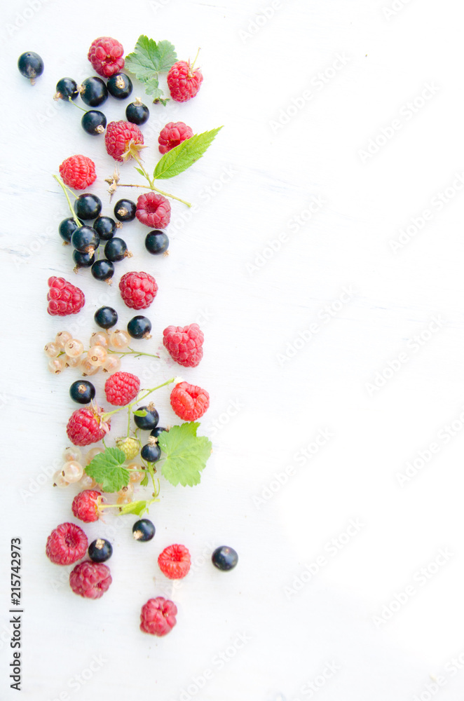 currant and raspberry berries and leaves on white wooden background, pattern background currant and raspberry berries and leaves on white wooden background, pattern background