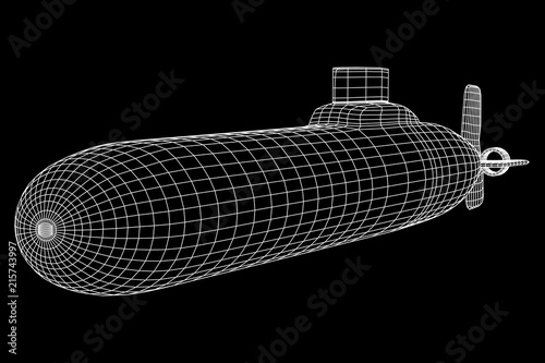 Military atomic submarine underwater boat. Wireframe low poly mesh vector illustration