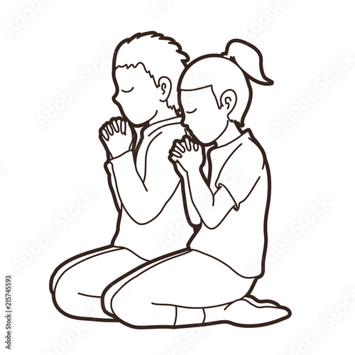 Boy and Girl pray together, Prayer, Christian praying children pray with God cartoon graphic vector
