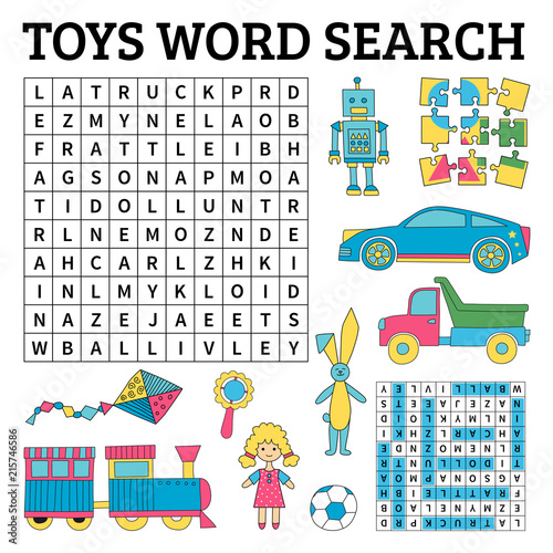 Toys word search game for kids. Vector illustration for learning English