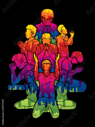 Group of Prayer, Christian praying together cartoon graphic vector