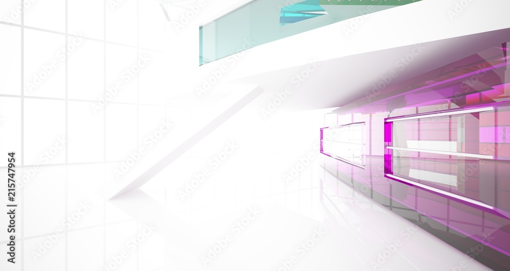 Obraz premium Abstract white and colored gradient glasses interior multilevel public space with window. 3D illustration and rendering.