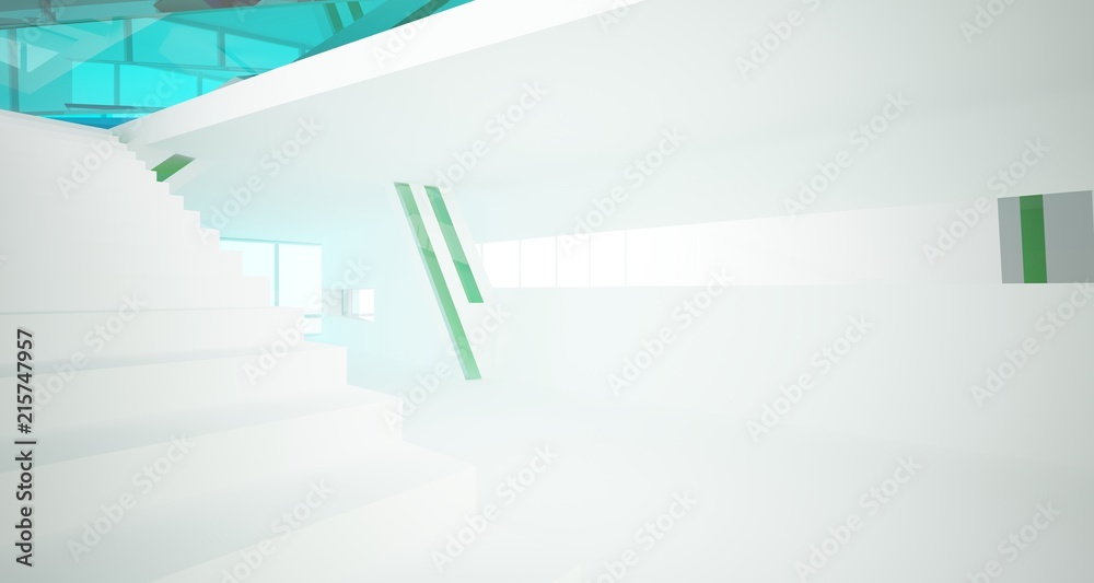 Fototapeta premium Abstract white and colored gradient glasses interior multilevel public space with window. 3D illustration and rendering.