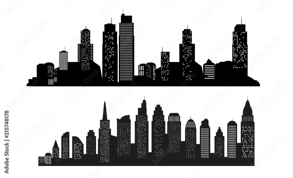 Set of Modern landscape. City skyscrapers building office horizon  on white background. Can be used for green city, recreation zone. Vector Illustration.