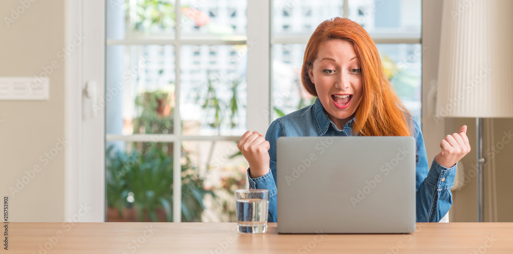 Redhead woman using computer laptop at home screaming proud and celebrating victory and success very excited, cheering emotion Redhead woman using computer laptop at home screaming proud and celebrating victory and success very excited, cheering emotion