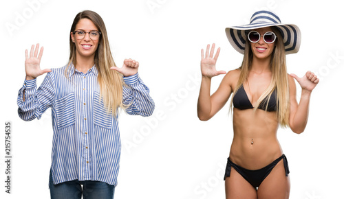 Young beautiful blonde woman wearing business and bikini outfits showing and pointing up with fingers number six while smiling confident and happy.