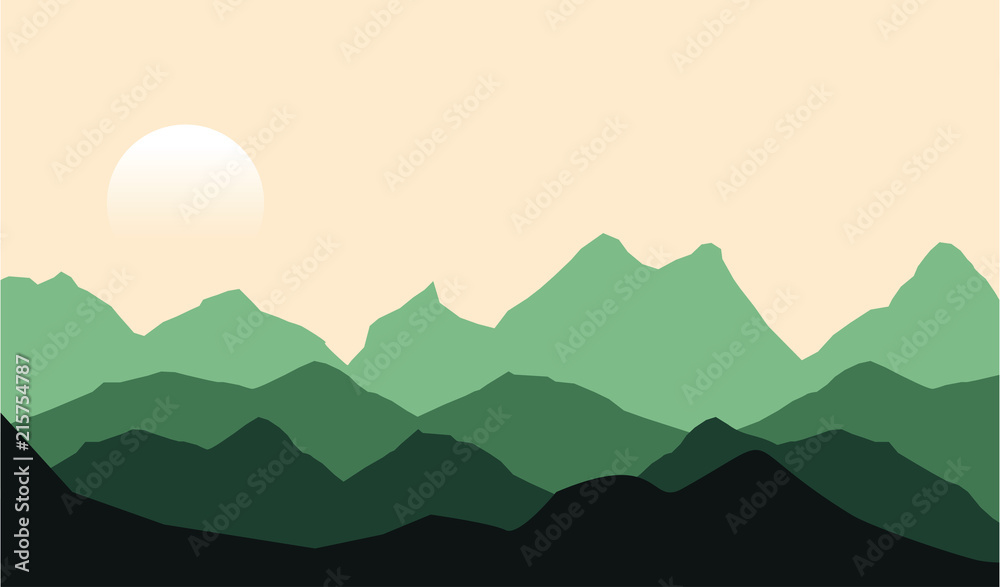 Green Mountain Landscape Illustration Dusk Sun Sunset