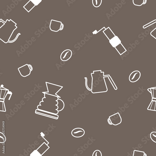 white outline drawing of coffee accessories seamless pattern on brown background, Manual brew coffee concept in outline cartoon