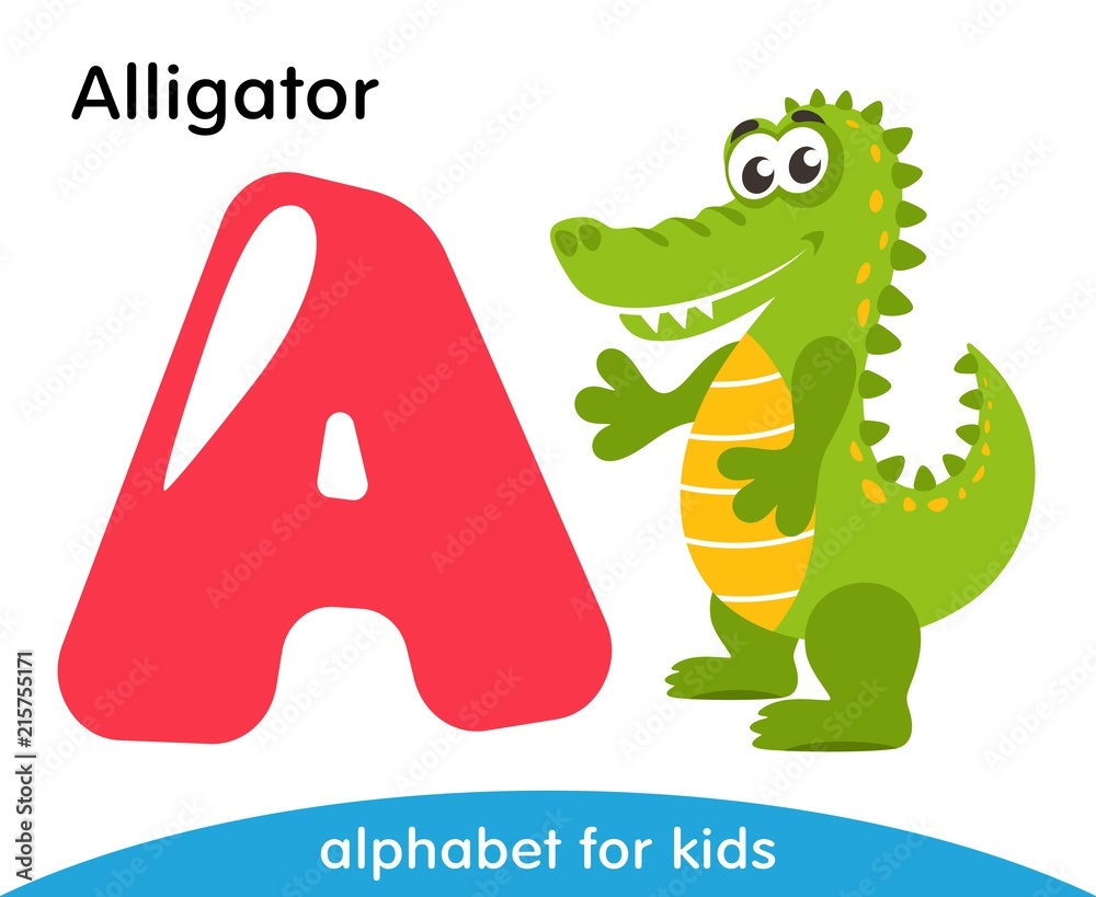 Pink letter A and green Alligator. English alphabet with animals. Cartoon  characters isolated on white background. Flat design. Zoo theme. Colorful  vector illustration for kids. Stock Vector | Adobe Stock