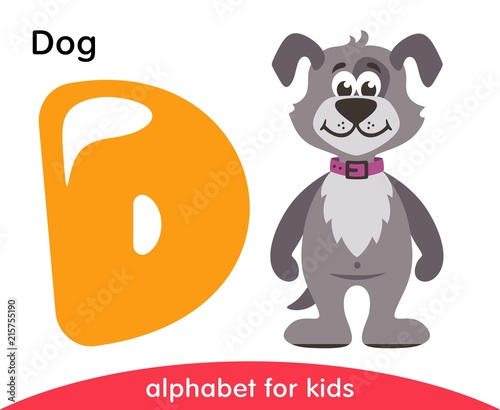 Yellow letter D and gray Dog. English alphabet with animals. Cartoon characters isolated on white background. Flat design. Zoo theme. Colorful vector illustration for kids.
