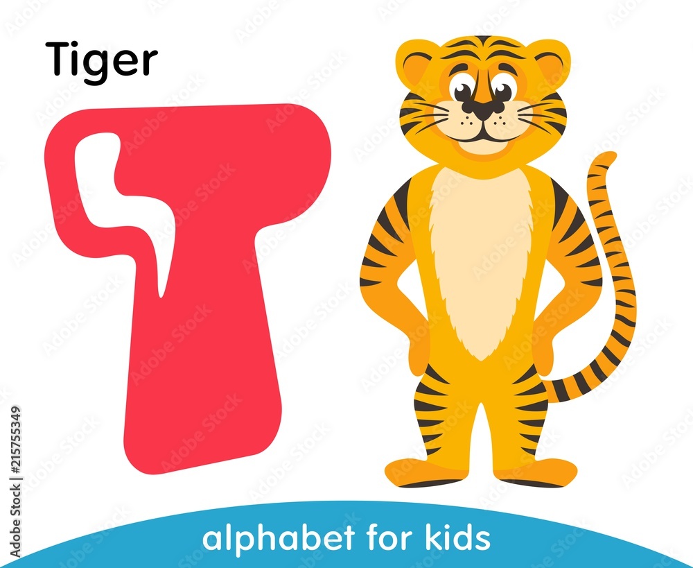 Pink letter T and yellow Tiger. English alphabet with animals. Cartoon  characters isolated on white background. Flat design. Zoo theme. Colorful  vector illustration for kids. Stock Vector | Adobe Stock