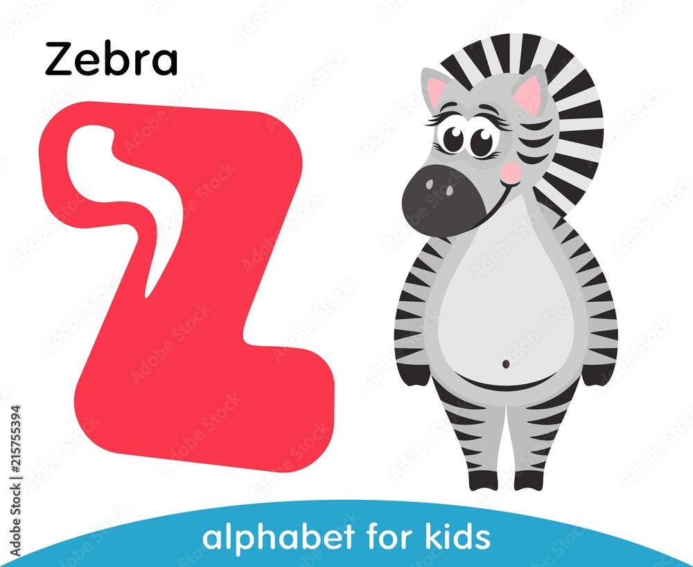 Pink letter Z and striped cute Zebra. English alphabet with animals.  Cartoon characters isolated on white background. Flat design. Zoo theme.  Colorful vector illustration for kids. Stock Vector | Adobe Stock