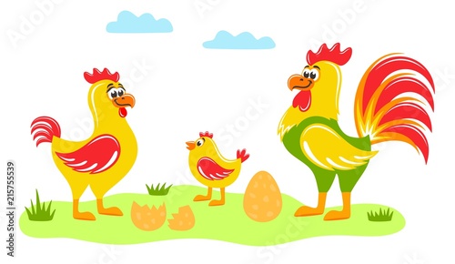 Rooster, hen,  chick and an egg on the lawn. Chicken family on the grass under the clouds. Cute cartoon characters on white background. Flat style. Colorful vector illustration.