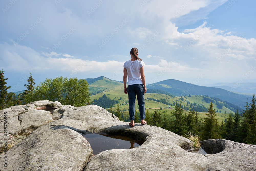 Back view of young tourist woman standing on huge rock with big puddle in the middle under beautiful blue sky enjoying fantastic view of mountains covered with ever-green pine forest. Carpathians