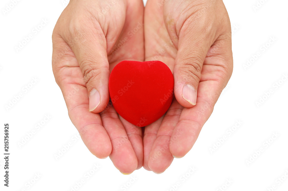Obraz premium Hands holding small gift heart on Valentine's Day isolated on white background.