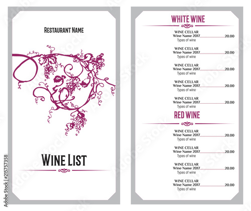 Wine list design template. Hand drawn vine grape. Vintage design of restaurant menu.