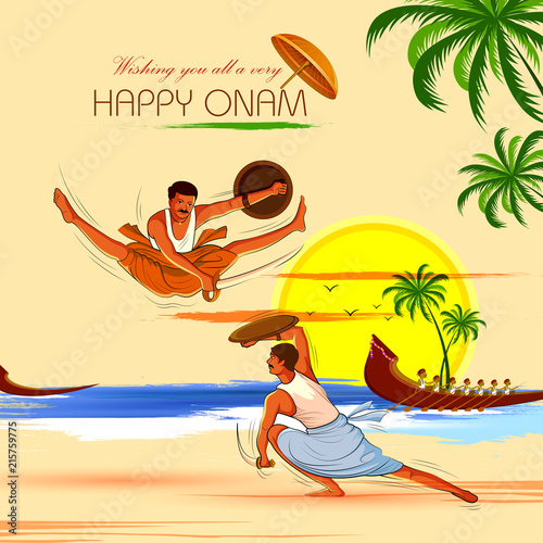 Happy Onam background for Festival of South India Kerala with Kalaripayattu dance form