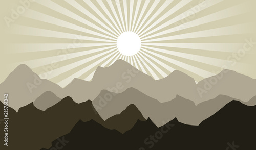 Sunrise Sunburst Hill and Mountain Landscape Illustration