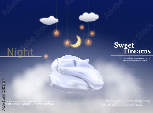 Vector illustration with realistic 3D pastel, blanket, pillow for best sleep, comfortable sleep.