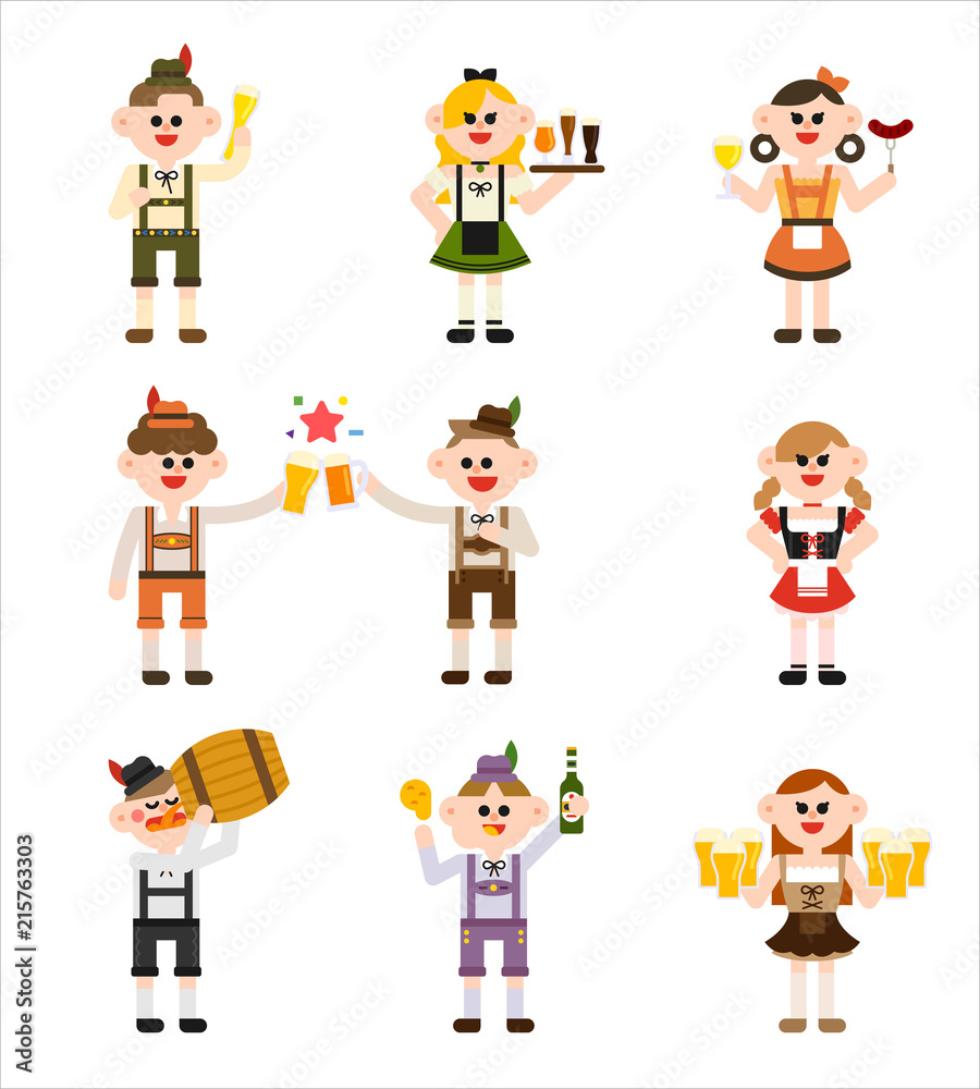 Oktoberfest german traditional costume characters. flat design style vector graphic illustration set