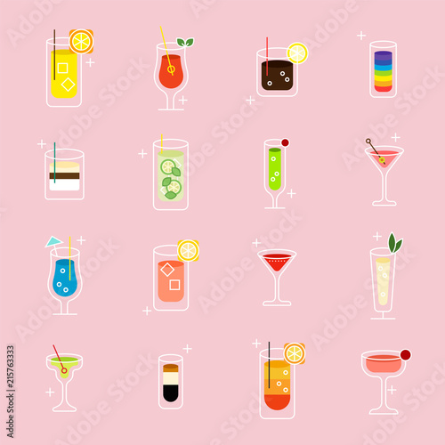 various kind of beautiful cocktail menu icons. flat design style vector graphic illustration set