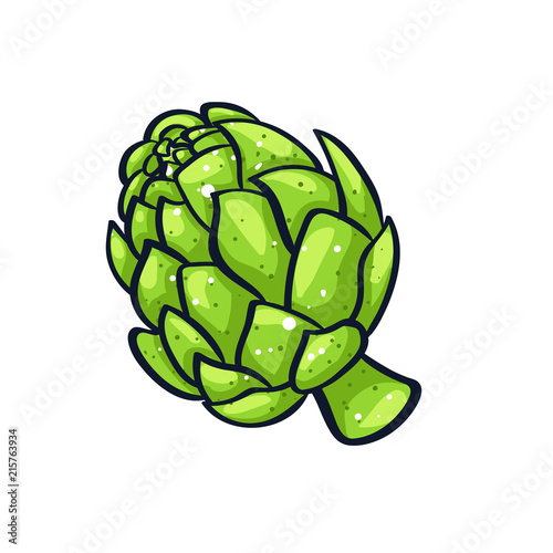 Vector hand drawn illustration of a green artichoke. Coloful cartoon icon. Food art for print, web, mobile and infographics. Isolated on white background element.