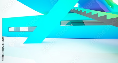 Abstract white and colored gradient  interior multilevel public space with window. 3D illustration and rendering.