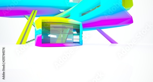 Abstract white and colored gradient interior multilevel public space with window. 3D illustration and rendering.