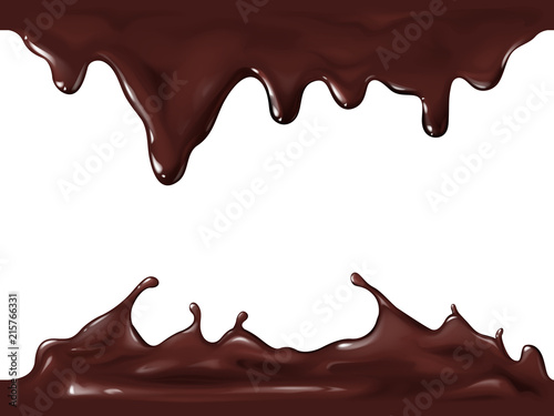 Chocolate seamless vector illustration of realistic 3D splash and flow drops of dark or milky choco fondant. Liquid drips on white background for candy or sweet dessert package design template
