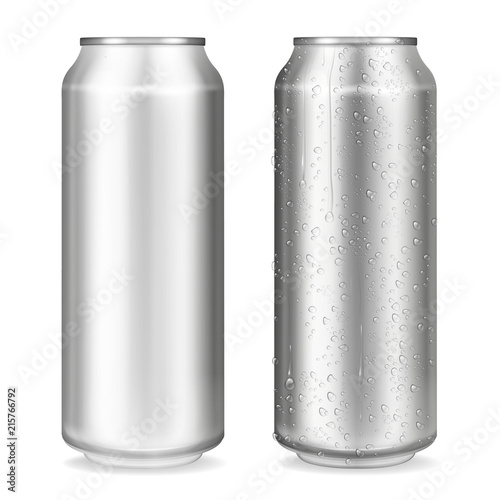 Metal can vector illustration of 3D realistic container for soda or energy drink, lemonade or beer. Isolated silver empty mockup models with cold condensation water drops for brand design template photo