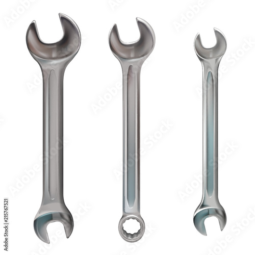 Wrench vector illustration of realistic 3D metallic mechanic tool. Isolated metric spanners for bolts and nuts or toolbox elements