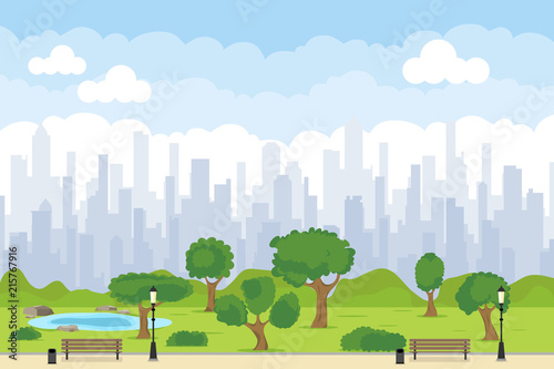 A green park in the center of the city with benches, trees, a lake. City Park.