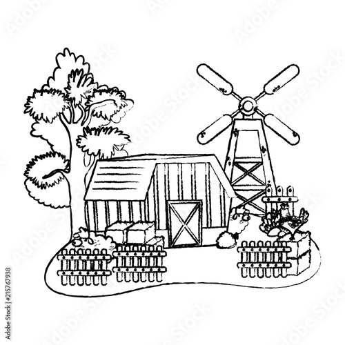 grunge house farm with wood grillage and sheeps