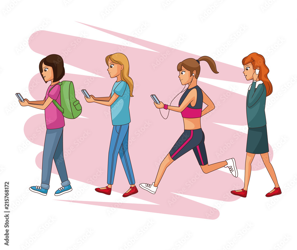 Fototapeta premium Young womens using smartphones cartoons vector illustration graphic design