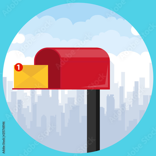 Online mailbox with an incoming letter against the backdrop of the urban landscape. Receiving a letter to the mail.