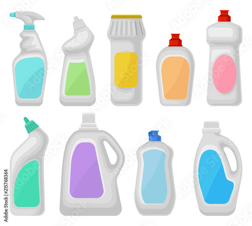 Bottle of detergents set, household cleaning chemical product containers vector Illustrations on a white background