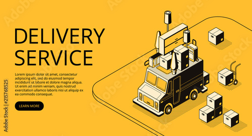 Delivery service vector illustration of loader truck with furniture for moving or store order shipping. Logistics transport thin line art and isometric black halftone design on yellow background