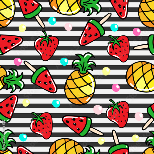 Vector seamless pattern with pineapples, watermelons and srawberries on a striped background photo