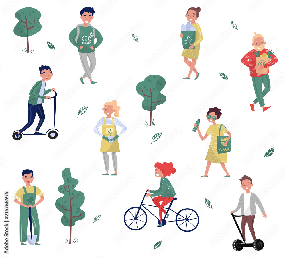 Fototapeta premium Eco friendly people set, man and woman protecting the environment, using alternative transport, collecting waste vector Illustrations on a white background