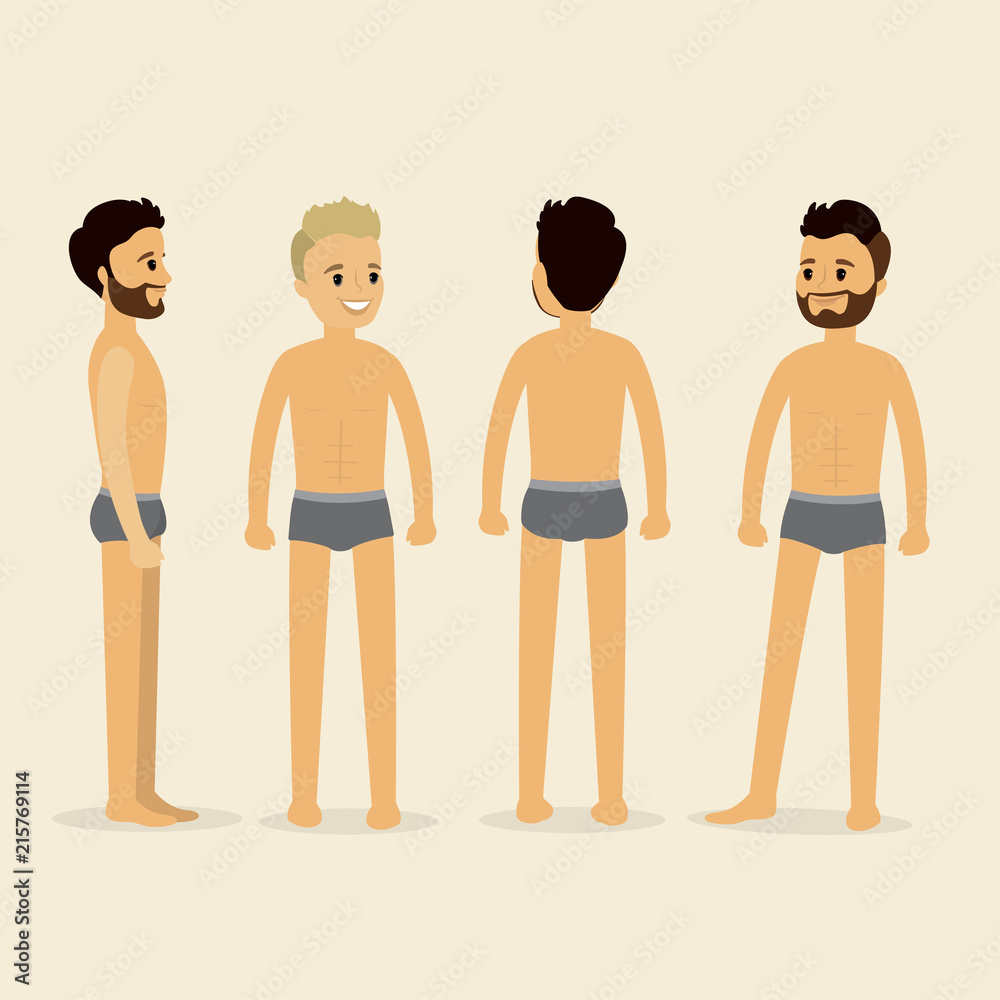 caucasian male in underwear,front,back and profile view caucasian male in underwear,front,back and profile view