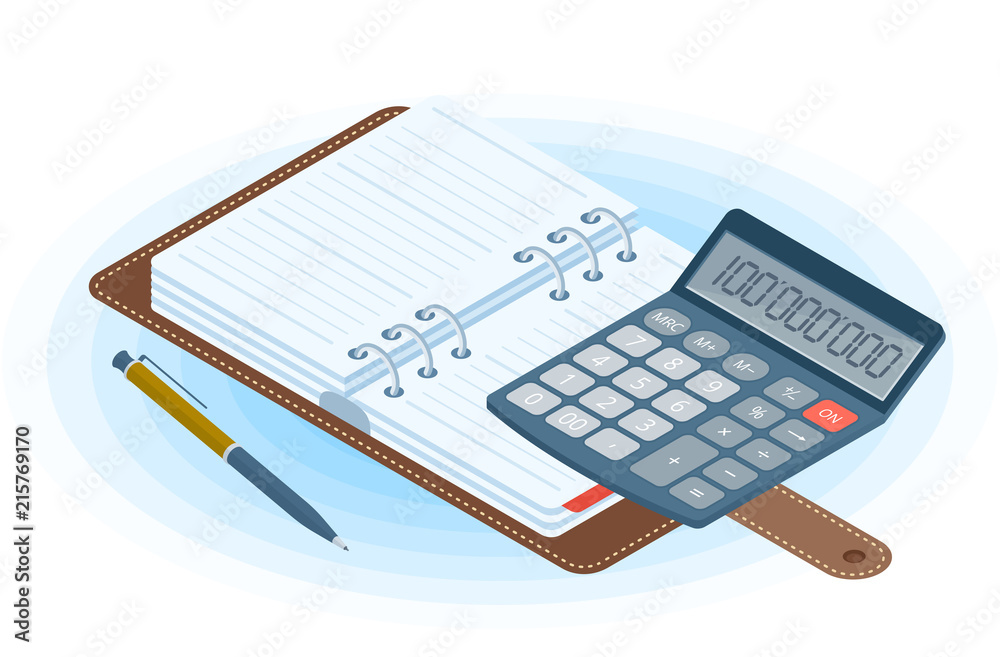 Flat vector isometric illustration of opened agenda, pen, electronic  calculator. Office and business workplace concept: paper planner and  accounting calculator. School, education workspace supplies. Stock Vector |  Adobe Stock