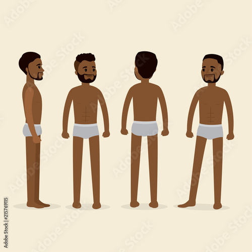 African american male in underwear,front,back and profile view,