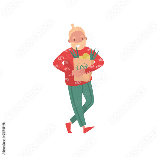 Vegetarian man holding paper bag full of vegetables, eco friendly people concept, protection and preservation of the environment vector Illustration on a white background
