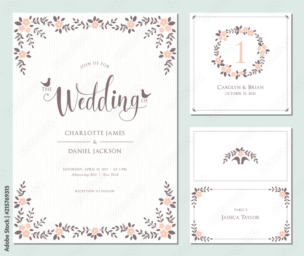 Invitation and universal card design set with floral wreath. Wedding templates. 