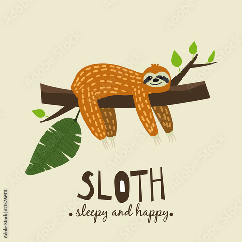 Cute funny sloth hanging on the tree. Sleepy and happy. Adorable hand drawn cartoon animal illustration. Vector cute sloth for greeting card, invites, poster, banner, t-shirt print, background
