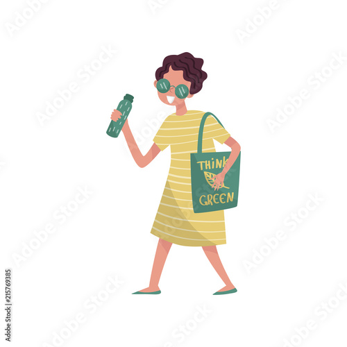 Young woman in green clothes walking with bag with an inscription Think Green, eco friendly people concept, protection and preservation of the environment vector Illustration