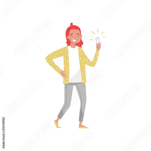 Smiling girl holding an energy saving light bulb, eco friendly people concept, protection and preservation of the environment vector Illustration on a white background