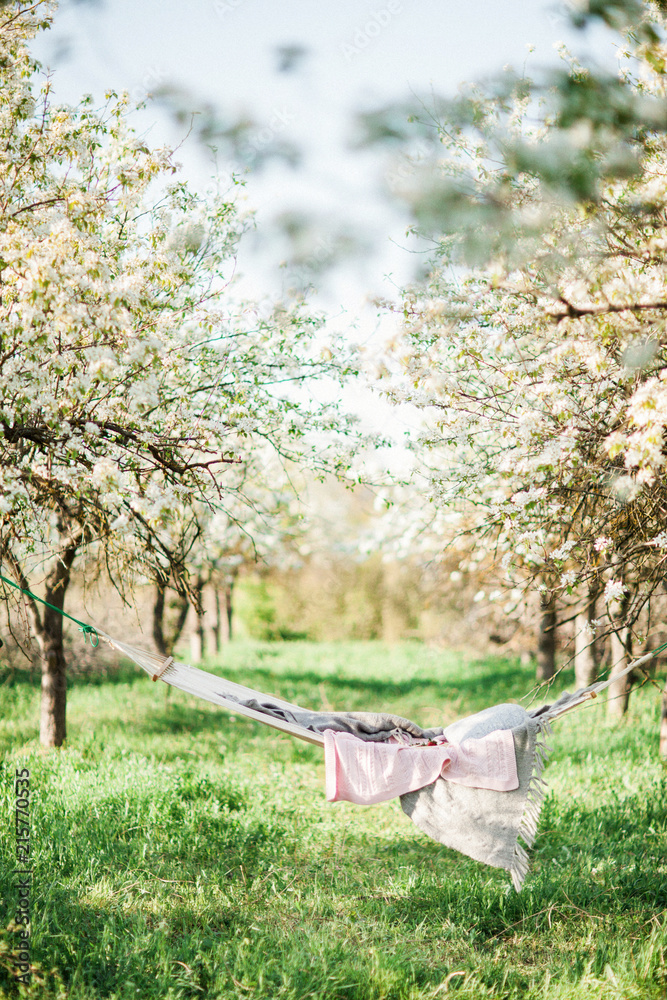 Spring Picnic in the Nature in a Blooming Garden. A Hammock with Strawberries and Flowers. Summer Mood