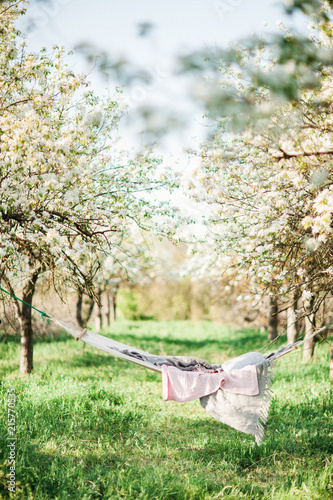 Obraz na płótnie Spring Picnic in the Nature in a Blooming Garden. A Hammock with Strawberries and Flowers. Summer Mood w salonie
