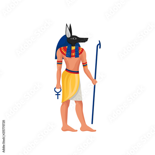 Flat vector icon of Anubis - ancient God of Egypt. Man with jackal head in traditional clothes with scepter and Ankh cross in hands